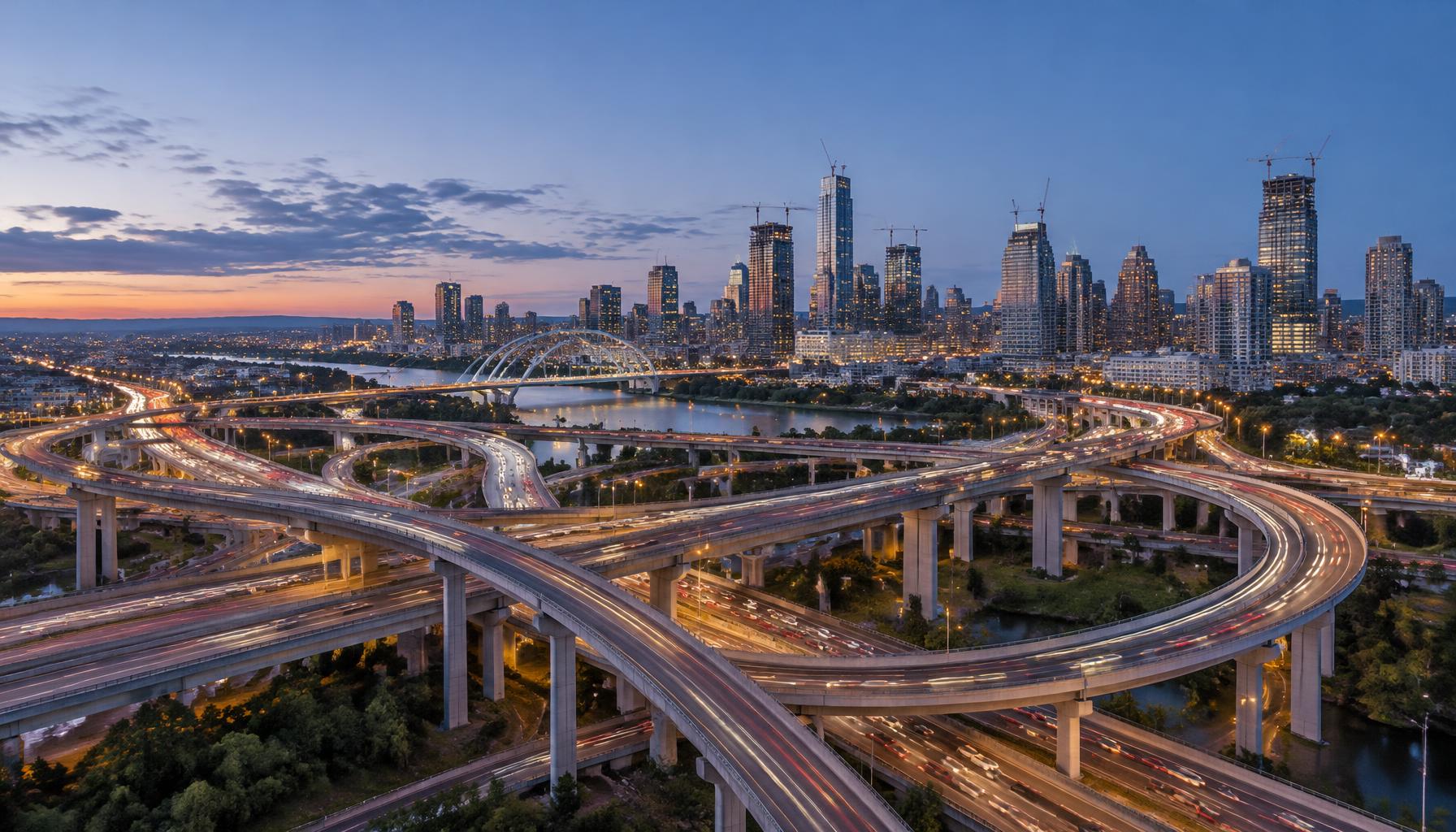 Illustrative highway interchange and city construction at twilight